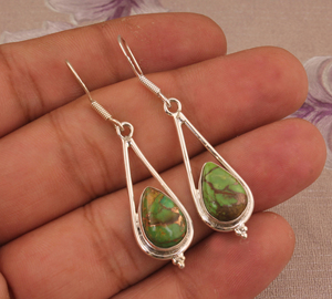 Boucles d'oreilles pendantes en turquoise verte naturelle, argent sterling 925, bijoux artisanaux en pierres précieuses, vente en gros, pierre verte matricielle unique - Product Image 2