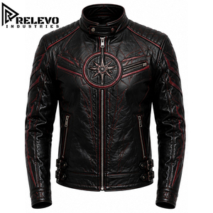 Custom High Quality Men Dark Fantasy <b>Leather</b> Biker <b>Jacket</b>, Gothic Star Crest Armor Coat with Red Vein Detail and Stand Collar - Product Image 1