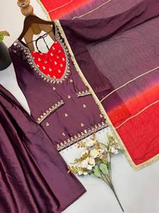 Designer French Crepe with Real-<b>Mirror</b> & Butti work Readymade Suit-Plazzo-Shaded Dupatta Set Wholesale Supply Indian Exporter - Product Image 4