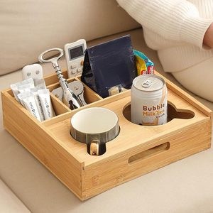 2026 Trending Modern Premium Food Grade Bamboo Multifunction Couch <b>Caddy</b> Cup Holder Tray for Drinks Snacks and Remotes - Product Image 2