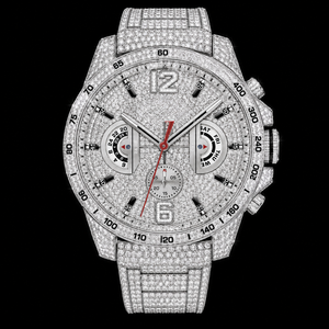 Reloj de hombre en tono plateado con incrustaciones de piedras brillantes, estilo cronógrafo, reloj de lujo para fiestas. - Product Image 1