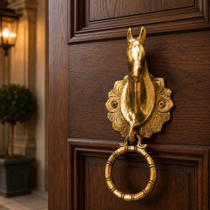 SHUBHAM - Sonnette de porte vintage en forme de cheval, plaquée or, en métal poli, décoration d'entrée antique pour la maison - Product Image 1