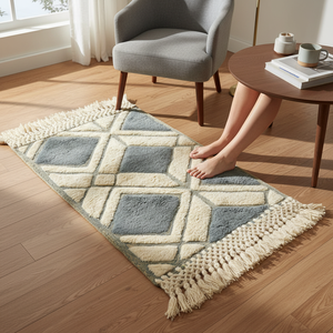 Tapis de prière en laine gris crème géométrique moderne - Janamaz bohème avec franges en macramé - Product Image 1