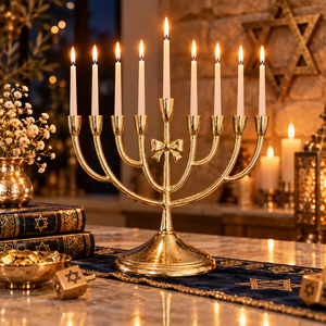 Ménorah de Hanouka de luxe en laiton doré, 9 branches, avec design en forme de nœud, porte-bougie traditionnel pour activités religieuses - Product Image 4