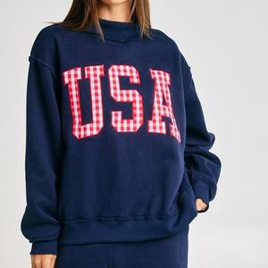 Sudadera de cuello alto con logo personalizado al por mayor para mujer, con rayas, lunares y letras bordadas, de manga larga y corte oversize - Product Image 1