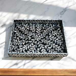 Handcrafted Mother Pearl <b>Tray</b> <b>Black</b> Mosaic Inlay Decorative <b>Serving</b> Storage <b>Tray</b> Wooden Base Luxury Coffee <b>Tray</b> Dishwasher Safe - Product Image 6