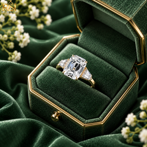 Diamant de laboratoire DEF de type Old Mine Cushion, Or massif 18 carats, 3 pierres |   Bague de mariée de luxe antique avec pierres latérales taillées en escalon et pierres précieuses fines - Product Image 3