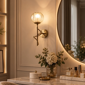 โคมไฟติดผนัง Rosalie Art Deco รุ่น Brass Wand, โคมไฟติดผนังทรงกลมแก้วลายเส้นสำหรับทางเข้าและทางเดิน - Product Image 4