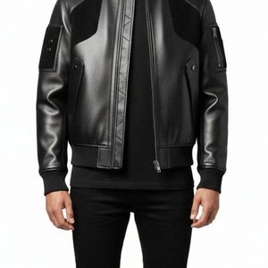<b>Men's</b> Black Genuine <b>Leather</b> Bomber <b>Jacket</b> Moto Biker Style Zipper Closure Windproof Turn-down Collar Regular Fit Autumn Wear - Product Image 3