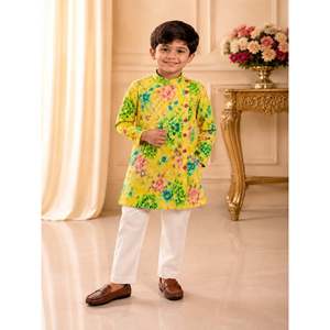 Ensemble jogging Twisha-Xpressions pour garçons, jaune et blanc, manches longues, imprimé intégral, polyester, tenue décontractée ethnique, fête festive - Product Image 1