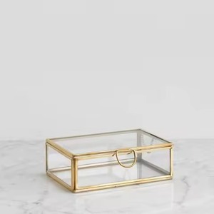 Vintage Square Brass Glass Jewelry <b>Box</b> Decorative Gold Metal Frame <b>Clear</b> Glass Display Organizer With <b>Lid</b> For Home Decoration - Product Image 1