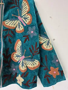 Premium Teal <b>Velvet</b> Suzani Embroidery <b>Jacket</b> With Butterfly Print Full Sleeve Stand Collar Boho Chic Women's Autumn Coat - Product Image 5
