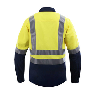 Chemise de travail haute visibilité réfléchissante pour homme, manches longues, jaune avec bas bleu marine et bandes argentées - Product Image 2