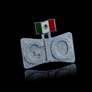 Pendentif GO de luxe en argent sterling plaqué or 18 carats, serti de moissanite, avec détail drapeau mexicain, style hip-hop, unisexe - Product Image 4