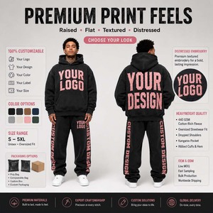 Unisex Custom Logo 3D Embroidered Heavyweight <b>Hoodie</b> Jogger Set Drawstring Closure Black <b>Red</b> Streetwear Tracksuit Full Length - Product Image 6