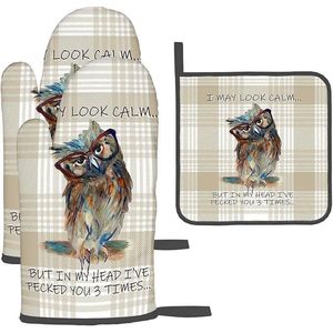 Set di 3 Guanti da Forno Divertenti con Motivo a Gufo e Quadri Buffalo, Resistenti al Calore, Lavabili, per Cucina - Product Image 1