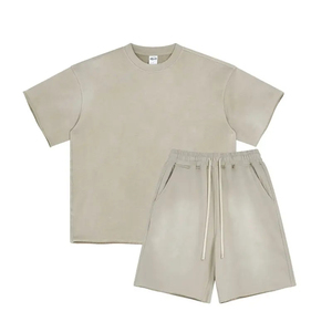 Conjunto de Camiseta y Pantalones Cortos de Punto para Hombre, Color Sólido, Estilo Casual de Verano, Beige, Talla Grande, 100% Algodón - Product Image 1