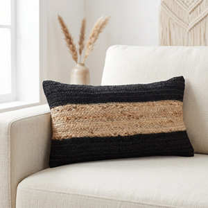 Housse de coussin décorative en jute tissée, bleu marine rayé, style vintage, color block, pour salon de style côtier - Product Image 2