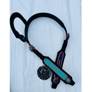 Ensemble de têtière et de collier de poitrine en cuir marron pour cheval de style western, avec conchos cloutés bleu turquoise, équipement équestre - Product Image 2