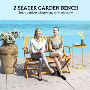Banc de patio en teck au design minimaliste, pliable, pour 2 personnes, avec dossier et accoudoirs, pour jardin, véranda, parc, balcon - Product Image 4