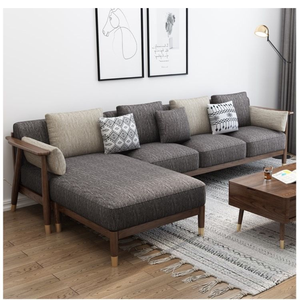 Elegant L-Shaped Dark Grey Fabric <b>Sofa</b> Featuring Solid <b>Wood</b> <b>Frame</b> and Minimalist Coffee Table for Modern Living Room Decor - Product Image 1