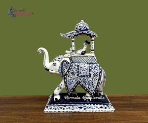 NIRMALA HANDICRAFTS Handcrafted Aluminum Blue Pottery Ambabari <b>Elephant</b> Figurine | Jaipur Blue Pottery Art Deco <b>Decorative</b> - Product Image 1