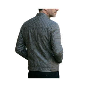 Heritage <b>Men's</b> Cafe Racer Quilted Leather <b>Jacket</b> in Distressed Grey - Product Image 2