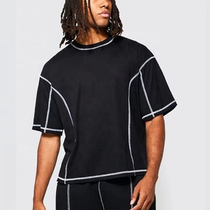 Service OEM, impression personnalisée par transfert thermique, logo, t-shirts pour hommes en coton 100% lourd, coupe ample, épaules tombantes, surpiqûres contrastées - Product Image 1