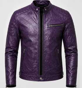 Veste en cuir gaufré violet de haute qualité pour homme, coupe ajustée, col montant, fermeture éclair - Product Image 2