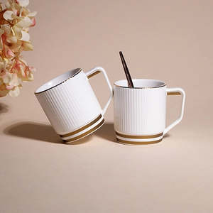 Classic White <b>Gold</b> Glazed Ceramic <b>Mugs</b> Microwave Safe Ribbed Cups with Striped Flowered Patterns Elegant Gift Cups with Gift Box - Product Image 3
