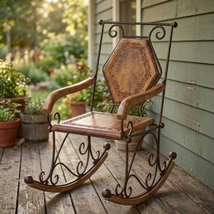 Traditional Wooden <b>Rocking</b> <b>Chair</b> With Metal Frame Solid Back Living Room Furniture Antique Style Home Decor - Product Image 3