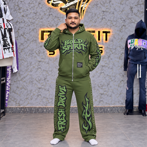 Mens Custom Hooded Tracksuit Flame Print Rhinestone <b>Wide</b> <b>Leg</b> <b>Jogger</b> Pants Cotton Fleece Winter Wear Custom Label Set - Product Image 2