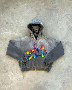 Sweat à capuche zippé avec strass coloré personnalisé 100% coton surdimensionné vêtements d'hiver pour hommes avec motif de lettres - Product Image 1