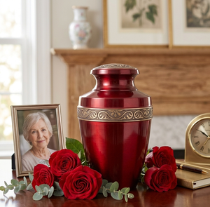 Red Metal Cremation <b>Urn</b> with Engraved Roses Design for Sympathy Memorial Tabletop Use Handcrafted Memorial <b>Urn</b> - Product Image 5