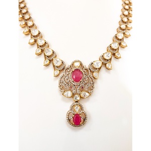 925 Silver Victorian Polki CZ <b>Ruby</b> Floral Pendant <b>Necklace</b> Earring Set Indian Bridal Handmade Antique Gold Plated Ethnic - Product Image 2