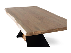 Mesa de comedor de estilo americano de lujo, de madera maciza de acacia con borde natural, base metálica montada sobre madera, acabado negro y natural. - Product Image 5