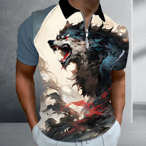 Polo con estampado digital de lobo oscuro rugiente para hombre |   Camiseta Artística con Cierre de Cremallera 1/4 Sublimada |   Ropa de Verano con Motivos Animales en Tonos Fríos y Atrevidos - Product Image 6