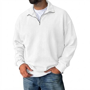 Sweat-shirt demi-zip blanc neige pour homme, coupe décontractée, coton premium, molleton bouclette, col montant, pull décontracté minimaliste, automne-hiver - Product Image 5
