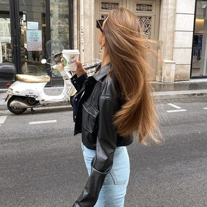 Cropped PU Leather Shirt <b>Jacket</b> With Turn-Down Collar And Flap Pockets Solid Color <b>Short</b> Sleeve Moto Style Unisex Outerwear 2026 - Product Image 2