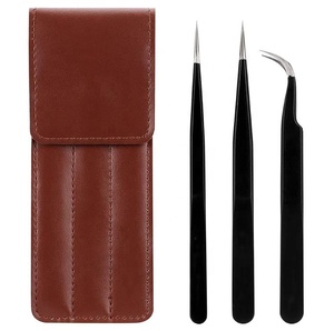 Ensemble de pinces à extensions de cils noires faites à la main en 3 pièces, comprenant des outils à cils droits, incurvés et pointus - Product Image 1