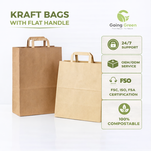 ถุงกระดาษคราฟท์สีน้ำตาลสำหรับใส่อาหารแบบนำกลับบ้าน มีหูหิ้วแบบแบน  รับทำโลโก้ตามสั่ง  รีไซเคิลได้ - Product Image 1