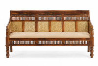 Canapé Royal 3 Places en Bois de Sheesham Massif, Style Transitoire, Durable, Design Sculpté à la Main, Garnissage en Mousse et Laiton, Idéal Appartement et Hôtel
