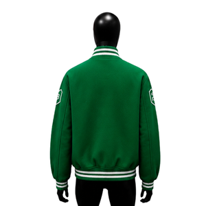 MODERN GREEN VARSITY <b>JACKET</b> FOR <b>MEN</b> With Geometric Pattern And <b>White</b> Trim Regular Fit Casual Autumn Wear SMART CASUAL CONTEMPORA - Product Image 2