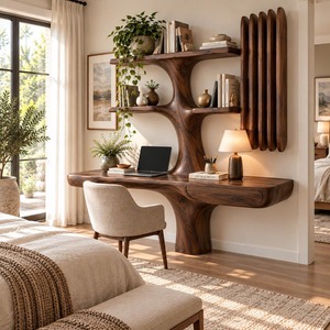 Bureau mural contemporain en bois Luxali avec étagères en forme d'arbre et tiroir pour bureau à domicile - Product Image 5