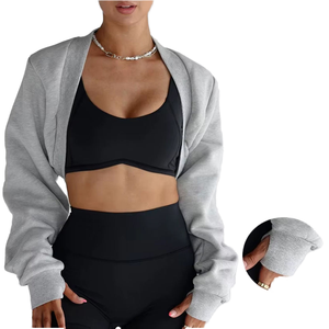 Custom Logo Embroidered Winter Crop <b>Top</b> Sports Sweatshirts Oversize Knitted Cotton Long Sleeve Shrug Women <b>Layering</b> Open-Front - Product Image 4