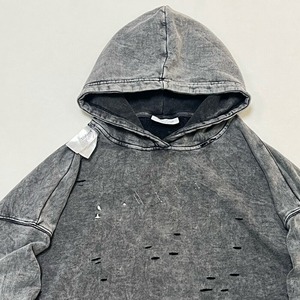 Sweat à capuche oversize personnalisé pour homme avec double fermeture éclair, style streetwear brodé effet déchiré, en molleton épais délavé à l'acide - Product Image 3