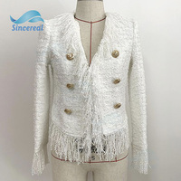 Ensemble Tailleur-Jupe Personnalisé Deux Pièces pour Femmes : Veste-Blazer en Tweed Frangé avec Pendentif, Idéal pour l'Automne et les Loisirs
