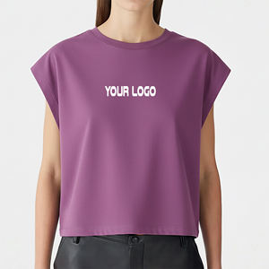 Customized Women's Purple <b>Cap</b> <b>Sleeve</b> Crop <b>Top</b> Solid Color Cotton Jersey Loose Fit Casual Crew Neck Spring Summer Style Printed - Product Image 1