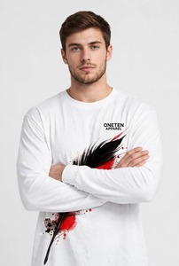 Oneten Apparel Camiseta blanca de manga larga para hombre con cuello redondo y estampado de plumas en negro y rojo - Product Image 2