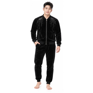 <b>Mens</b> <b>Velvet</b> Fabric Tracksuit Full Zip Stand Collar <b>Jacket</b> Rhinestone Shoulder Design Cuffed Jogger Pants Two Piece Casual Outfit - Product Image 1